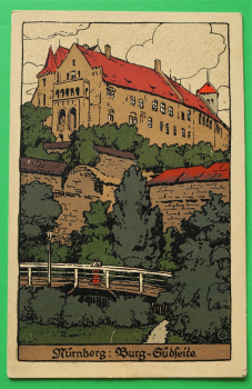 AK Nürnberg / 1910-20 / Litho / Burg Südseite Brücke Stadtgraben Mauer / Künstler Steinzeichnung Stein-Zeichnung / Monogramm L